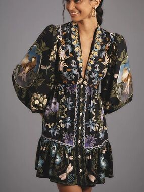 Farm Rio Black Winter Garden Mini Dress